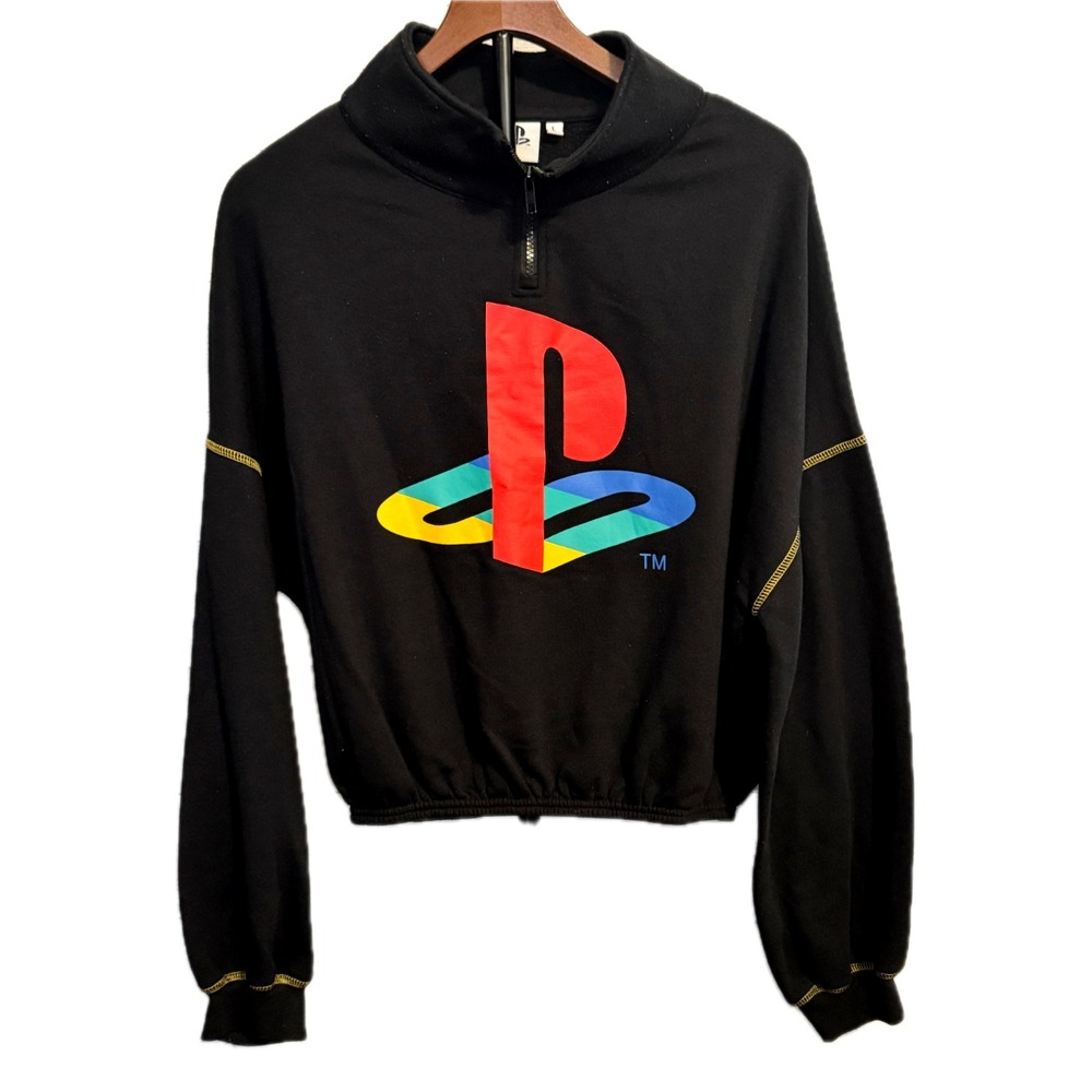 Vintage PlayStation Quarter Zip Sweatshirt Size L Black Retro Gamer Logo